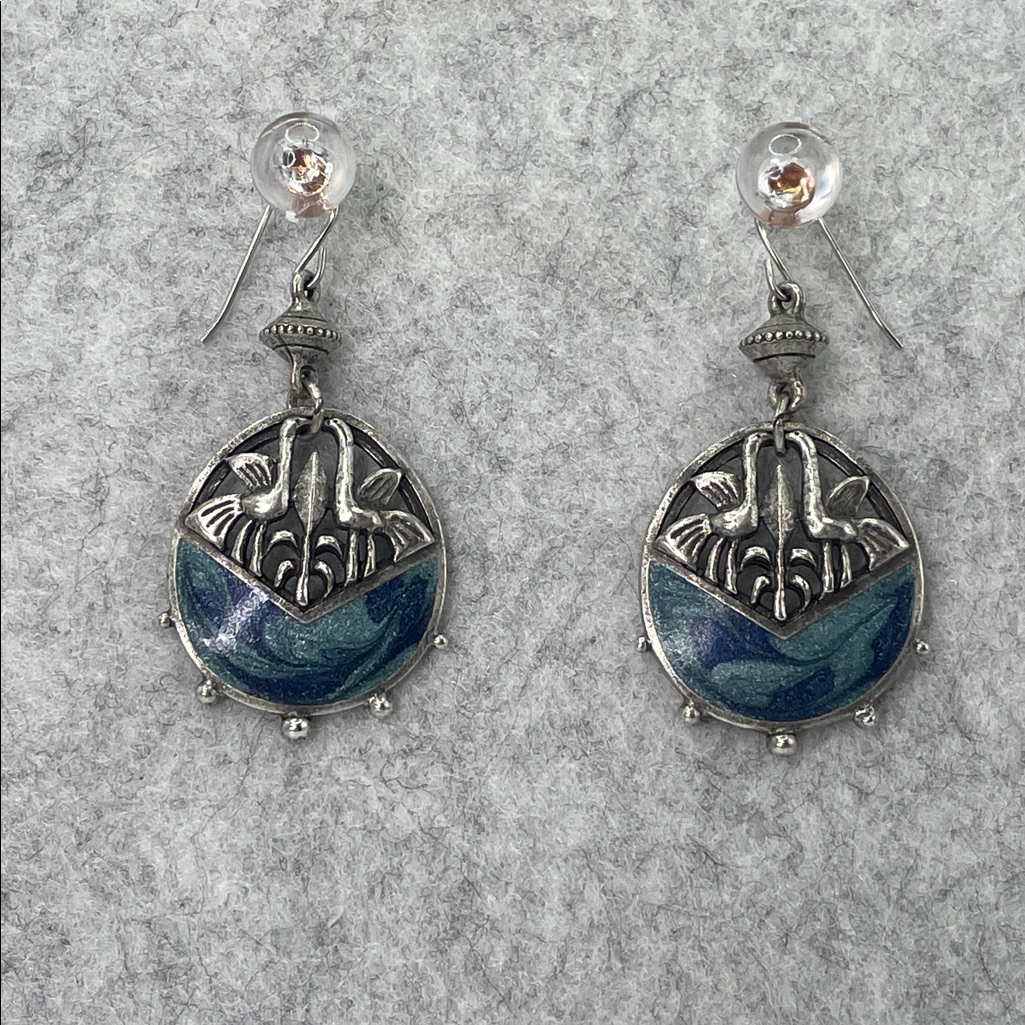 Berbi Blue Enamel Bird Dangle Earrings Silver Tone Art Nouveau Style